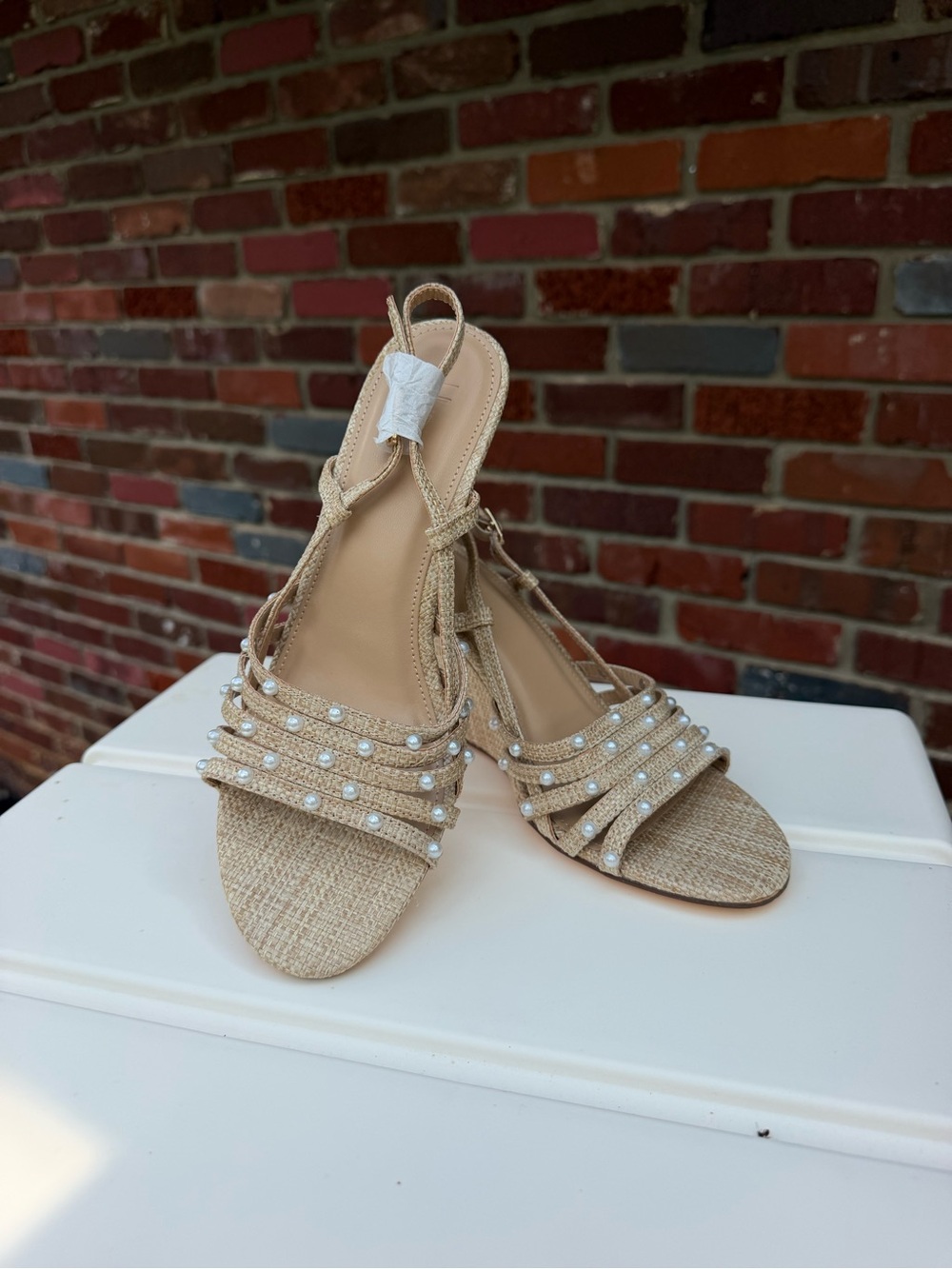 Brand New Raffia Pearl-Embellished Strappy Women’s wedges